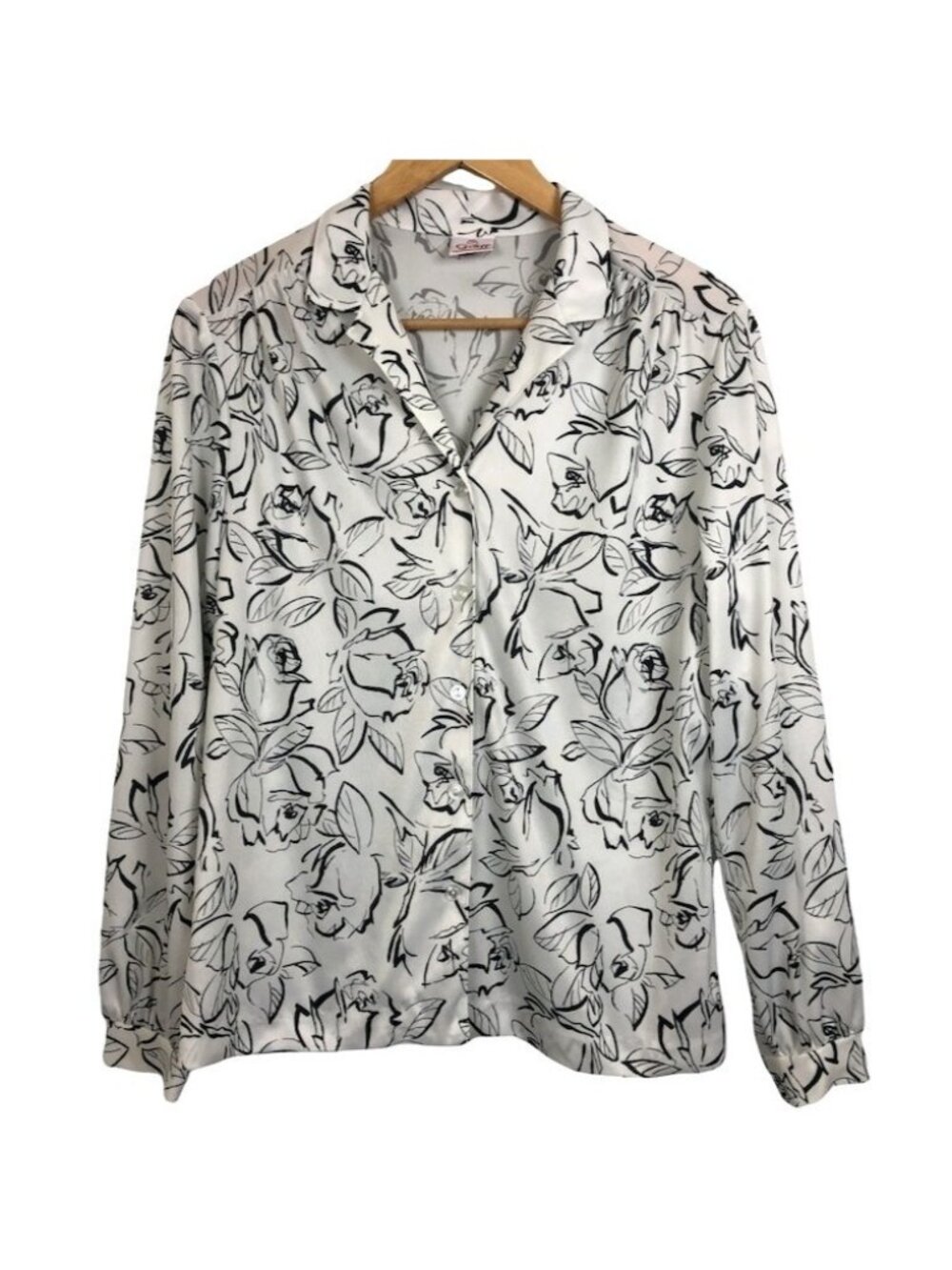 Vtg Graff Californiawear Womens Medium Satin Button Down Shirt Rose Print White